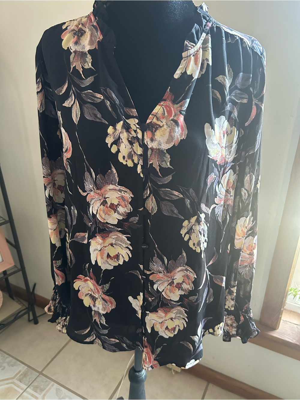 Maurices Black Floral Button-Up Top with Pale Yellow and Pink Blooms